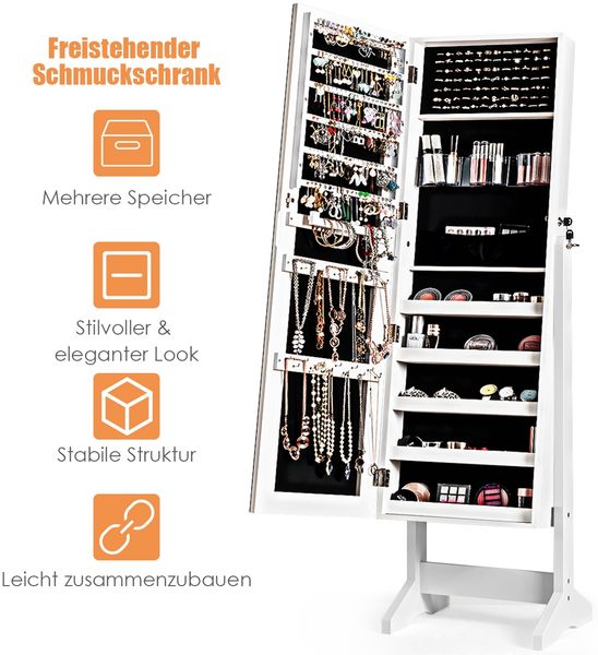 2 in 1 Schmuckschrank mit Spiegel abschließbarer Schmuckorganisator 41 x 36,5 x 146 cm Weiß