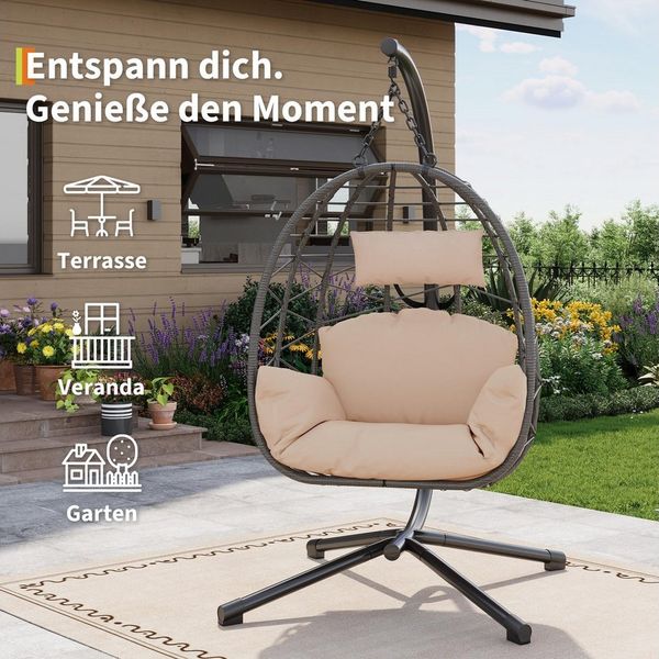 GarveeMore Hängestuhl Klappbarer Rattan Hänge Ei Stuhl mit Regen Abdeckung Schaukelstuhl
