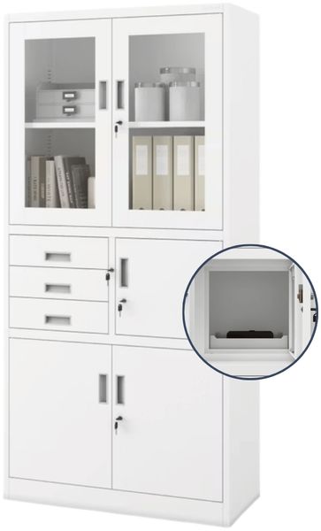 Vitrinenschrank abschließbar FILIP - mit Tresor & Schubladen| Büroschrank aus Stahl Aktenschrank mit Glasfenster Metallschrank Mehrzweckschrank, 185x90x40cm Weiß