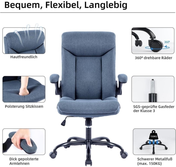 Ergonomischer Bürostuhl mit hochklappbarer Armlehne, höhenverstellbar, navy blau Bild 7