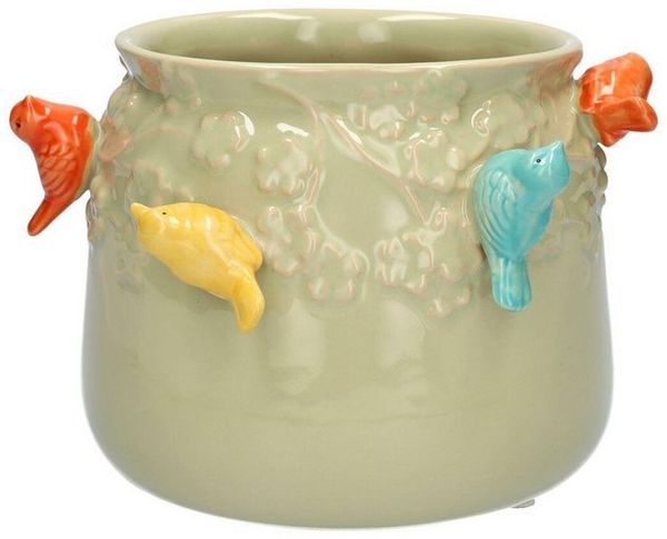 INNA-Glas Blumentopf Pflanzentopf Birdie aus Keramik, mit 3D Vögeln, grün-orange-gel