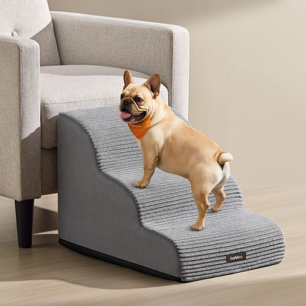 Feandrea Hundetreppe, 3 Stufen, Haustiertreppe, für kleine Hunde, Bett, Sofa, wasserdichte Katzentreppe, rutschfest, gringe Neigung, abnehmbarer waschbarer Bezug, Griff, taubengrau PPSDE003G01