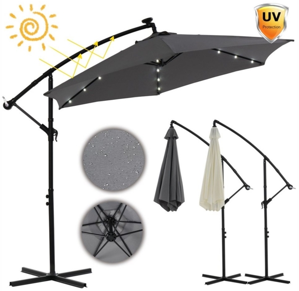 Marktschirm Beige Kurbelschirm 350 cm Sonnenschirm Ampelschirm LED Gartenschirm Terrassenschirm 3,5 m Meter Balkonschirm Aufklappbar Sonnenschutz Garten