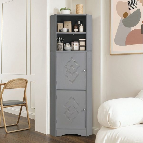 Celya Hochschrank Badschrank, Badmöbel, Eckschrank mit zwei Ablagefächern (36.5x 36.5 x 155 cm) offenes Fach mit verstellbarem Einlegeboden