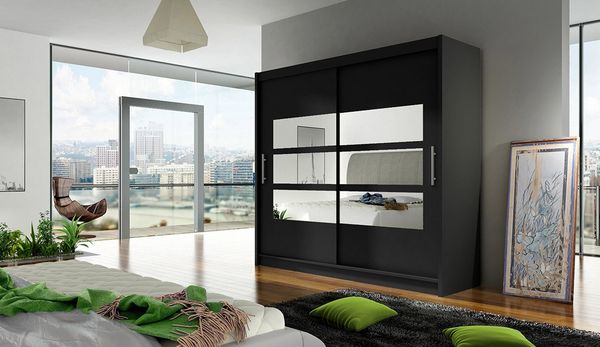 Kleiderschrank London III 180, ohne Beleuchtung, Farbe: Schwarz / Spiegel