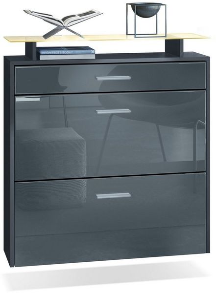 Vladon Schuhschrank Malea, Anthrazit matt/Grau Hochglanz inkl. LED - hängender Schuhkipper für 16 Paar Schuhe (89 x 96 x 23 cm)