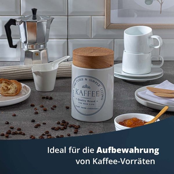 KHG Vorratsdose für Kaffee aus Steinzeug mit Akazienholz‑Deckel – im Landhausstil, Steingut, Aufbewahrungsdose für Kaffee schützt Aroma da luftdicht verschließbar