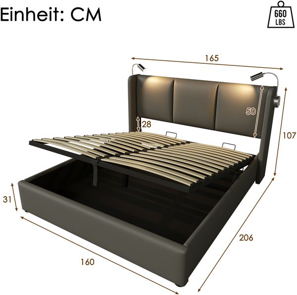 Polsterbett 160x200 cm mit Leselampe & USB Ladefunktion, Stauraum, Hydraulik-Lattenrost,Kunstleder,Grau Bild 7