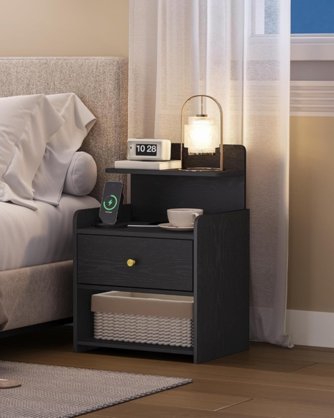 Nachttisch 2er Set, Beistelltisch mit 1 Schublade und 2 offenen Fächern, Nachtschrank, Sofatisch, Platzsparend, für Schlafzimmer, Wohnzimmer, Modern, Schwarz
