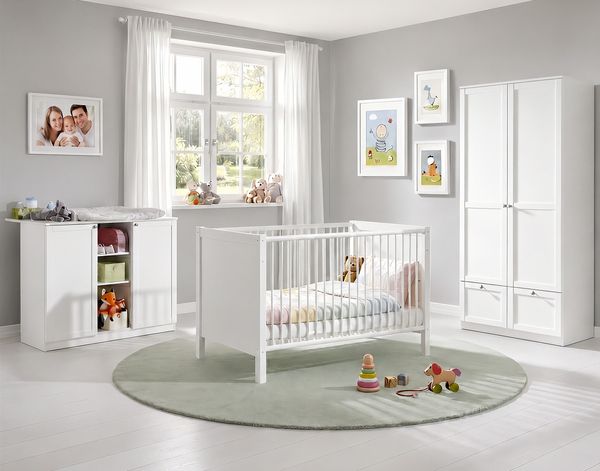 Babyzimmer-Set Kinderzimmer Babybett Wickelkommode Kleiderschrank+Schubl. 90 cm Weiß
