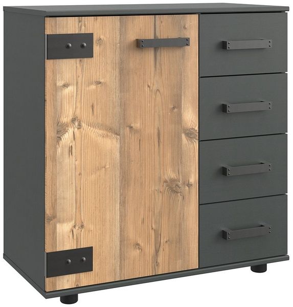 Lomadox Kommode SUNDERLAND-43, graphit grau Fichte Industrial Style 81x83x41 cm