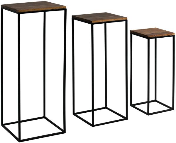 Kadima Design 3er Set Sheesham Massivholz Beistelltische, Metallgestell, Modern, Vielseitig. 35x35x92 cm