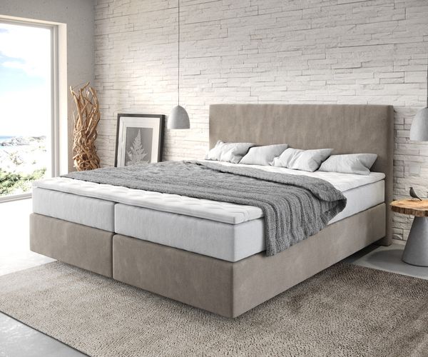 Boxspringbett Dream-Well 180x200 cm Mikrofaser Beige mit TFK Matratze und Visco Topper