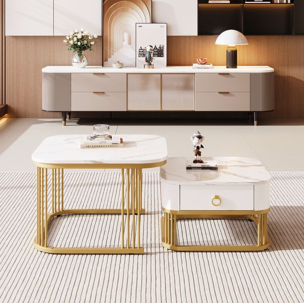 Stapelbarer Couchtisch-Set Marmoroptik mit Goldakzenten & Schublade - 60x60x45 + 50x50x34 cm