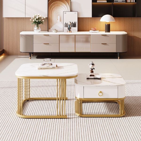 Stapelbarer Couchtisch-Set Marmoroptik mit Goldakzenten & Schublade - 60x60x45 + 50x50x34 cm
