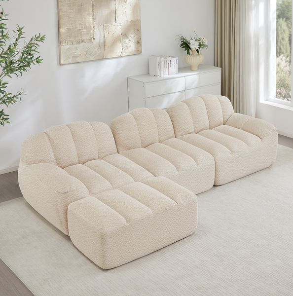 Modulares Ecksofa mit Ottoman, Granulierter Fleece, 3-Sitzer/L-Form, 288 x 167 x 79 cm, Beige Weiß