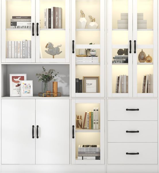 MODFU Standvitrine Modernes weißes Kombivitrinen-Set (Buffet Hochschrank, 200 cm hoch und 180 cm lang, weiße Standvitrine mit LED-Beleuchtung)