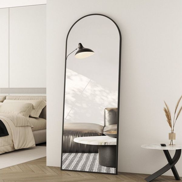 Boromal Ganzkörperspiegel 180x80cm Bodenspiegel Halbrund Wandspiegel groß 180x80cm mit Alurahmen (Flurspiegel Friseurspiegel Standspiegel Hängespiegel Schwarz, mit Splitterschutzfolie), für Friseurladen Wohnzimmer Schlafzimmer Garderobe Flur