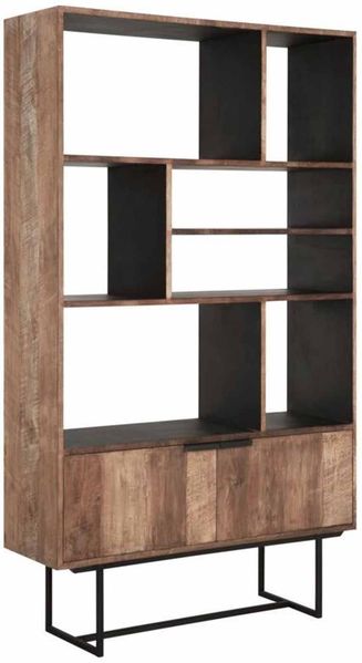 Regal Odeon Teak Massivholz, modern, natur, mit 2 Klapptüren und 7 Fächern, Metallgestell