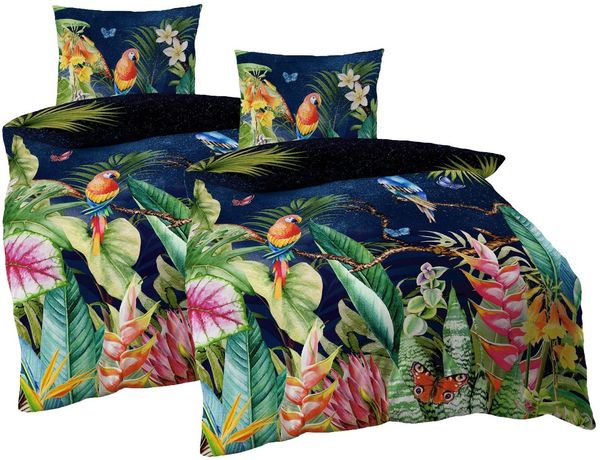JACK Bettwäsche JACK by Kaeppel 4tlg Mako Satin Digitaldruck Bettwäsche Dschungel Bunt, Mako-Satin, 4 teilig, Partnerbettwäsche, Papagei