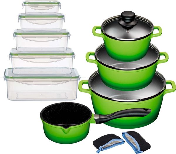 KING Topf-Set ALUGUSS, Aluminiumguss (Set, 19-tlg, je 1 Kochtopf 16/20/24 cm, 1 Stieltopf 16 cm, Vorratsdosen-Set, Grips), Glasdeckel, Induktion,Keramikantihaftbeschichtung