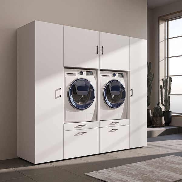 Roomart Waschmaschinenschrank 224 cm – 2 Geräte nebeneinander & Hochschrank | • Weiß