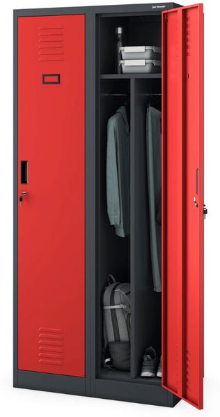 Umkleideschrank Spind KACPER - 2 Abteile, Etikettenhalter Lüftungsschlitze | Umkleidespind Metall Schließfachschrank Garderobenspind, 180x80x50cm Anthrazit-Rot