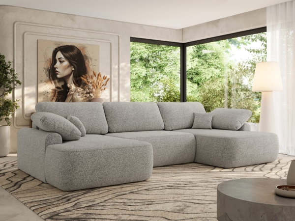 U-förmige Ecke, Ecksofa mit schlaffunktion und bettkasten, lose kissen, Wellenfeder, Big sofa XXL - CUBO U - Hellgrau Struktur