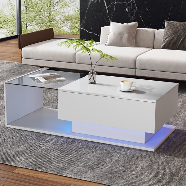 Couchtisch 100 x 50 x 32 cm, weiß, Hochglanz mit Glasplatte, 1 Schublade und LED-Beleuchtung