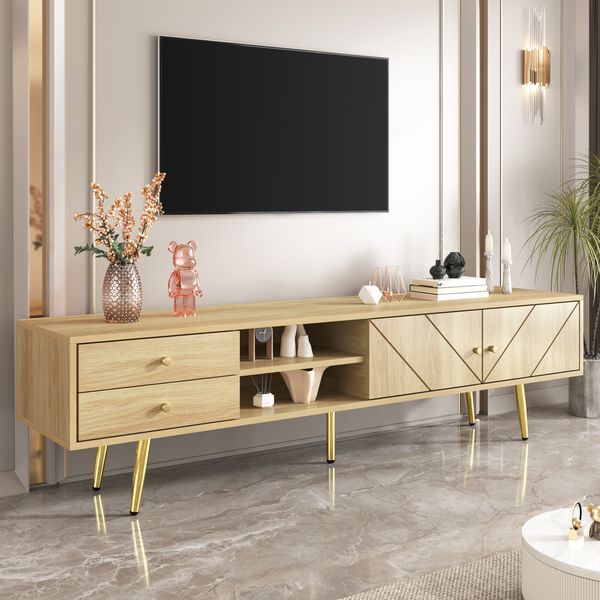 TV-Schrank 160x36x42 cm in Holzoptik, mit 2 Schubladen, 2 Türen und goldfarbenen Metallfüßen