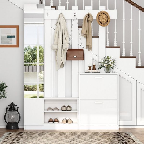 HAUSS SPOLE Garderoben-Set mit Spiegel, Flurschrank, Hängeschrankregal, Schuhschränken Weiß, (Flurschrank, Hängeschrankregal, 1-St, 2 unteren Klapptüren-Schuhschränken + 2 Aufbewahrungsschränke)