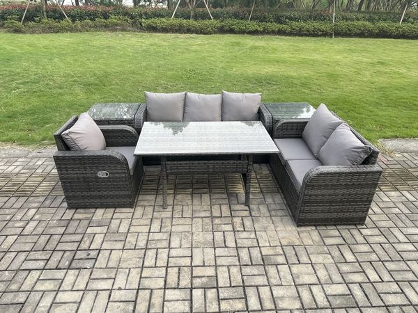 Fimous 6 Teil Rattan Gartenmöbel-Set mit Terrassen Sofa Rechteckiger Esstisch 2 Beistelltisch Terrassen Set