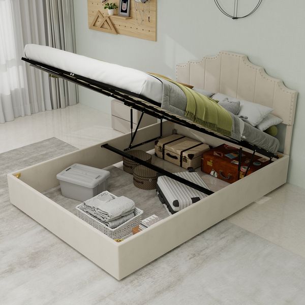 Flieks Doppelbett 140x200cm, Polsterbett mit Nieten Kopfteil, Bettkasten & Pneumatikstange, Beige