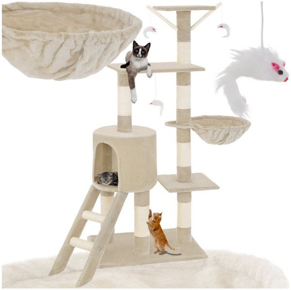 tectake Kratzbaum Katzenbaum Dominik 144 cm Diverse Farben Beige, Vielseitig mit robusten Sisalstangen und Plüschoberfläche