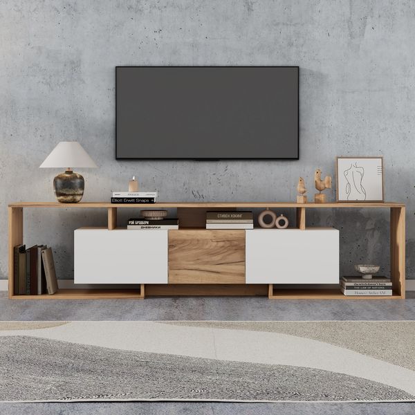 Merax 180cm TV-Schrank, Lowboard mit 2 Klapptüren, 1 Drehtür, 3 offene Lagerflächen, Fernsehschrank für TVs bis 85 Zoll, Weiß + Naturholzfarbe