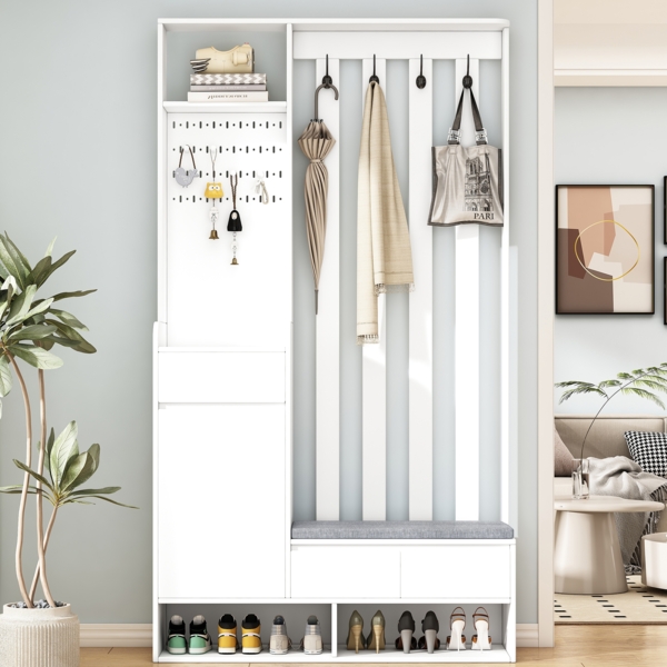 All-in-One Dielenbaum Weiß Mit Garderobe Schuhbank Und Stecktafel 180cm Hoch Multifunktions Garderobenbank Mit Sitzbank 4 Haken Schublade Und Regal Praktischer Flurschrank Aus MDF Mit Kippsicherung Für Eingangsbereich, 180cmx35cmx100cm, Weiß
