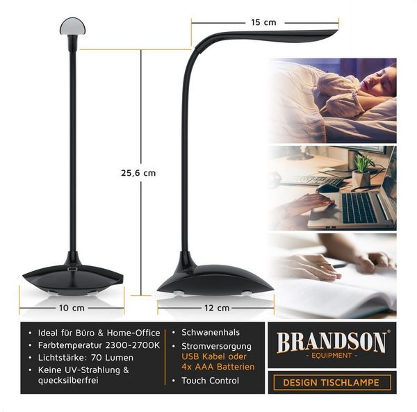 Brandson Schreibtischlampe Bürolampe, Tischleuchte, leuchtstarke 70 Lumen, Energiesparend, 3 Watt, mehrere Helligkeitsstufen, LED fest integriert, warmweiß, Stromsparend, 3 Helligkeitsstufen, Batteriebetrieb möglich