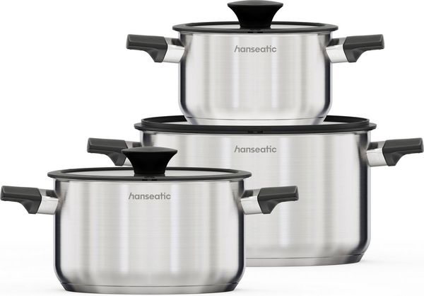 Hanseatic Topf-Set SMART, Edelstahl 18/10 (Set, 6-tlg, Kochtopf 16/20/24 cm), für alle Herdarten geeignet, unbeschichtet