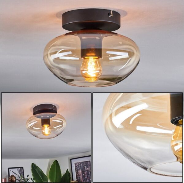 hofstein Deckenleuchte Deckenlampe aus Metall/Glas in Schwarz/Bernsteinfarben/Klar, ohne Leuchtmittel, moderne Retro/Vintage-Design Leuchte mit Glasschirm(20 cm), 1 x E27