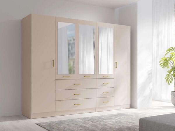 Home affaire Kleiderschrank KOS Garderobe mit 6 Schubladen, Kleiderstange, 5 Einlegeböden, Spiegel Kleiderschrank mit 5 Türen, goldenen Griffen, Maße B/H/T 250/200/58 cm