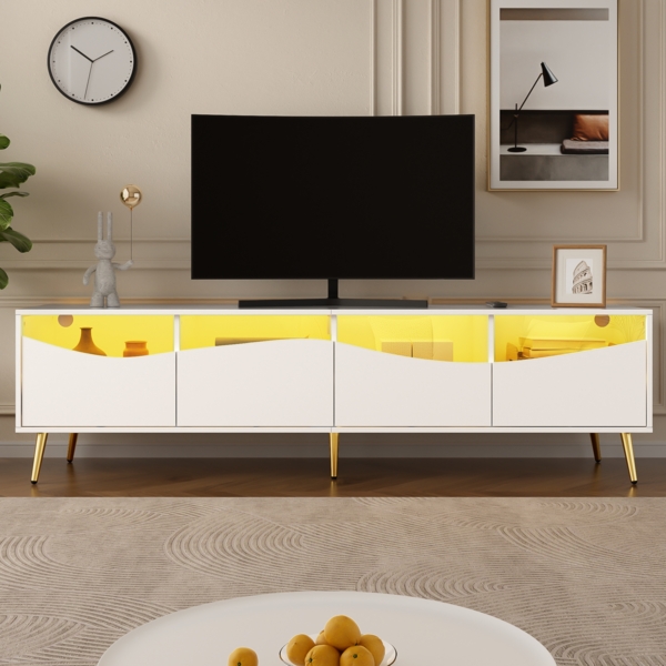 Merax 180cm TV-Schrank Lowboard mit LED-Beleuchtung, holzfarbener Korpus, goldenen Metallfüßen, Glasfront & Stauraum, Weiß