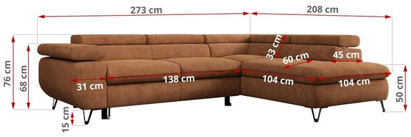 Mks Möbel 'Peter L-form' Ecksofa mit Bettfunktion, Bettkasten & einstellbaren Kopfstützen, Orange, Stoff, mit Topper, links Bild 7