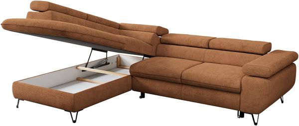 Mks Möbel 'Peter L-form' Ecksofa mit Bettfunktion, Bettkasten & einstellbaren Kopfstützen, Orange, Stoff, mit Topper, links Bild 5