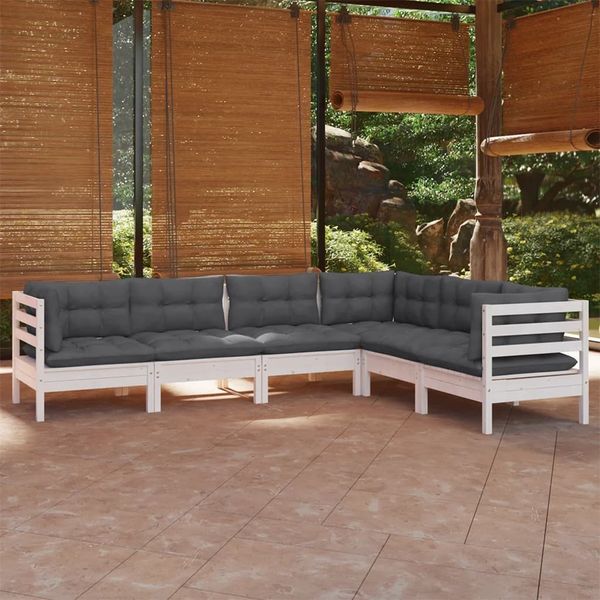 vidaXL 6-tlg. Garten-Lounge-Set mit Kissen Weiß Kiefer Massivholz 3096684