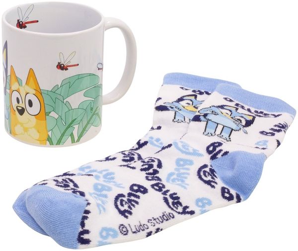 Bluey Tasse und Socken Set Keramiktasse 325 ml mit Kindersocken