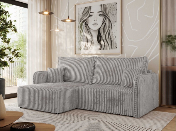 L-förmiges Ecksofa mit Armlehnen, für das Wohnzimmer, Schlaffunktion und Bettkästen, Wellenfeder am Sitz, losen Kissen - MESTO - Grau Cord - linke Seite