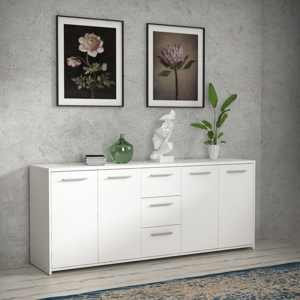 Forte PILVI Sideboard 180, modernes Sideboard mit 4 Türen und 3 Schubladen, Wohn-/Schlafzimmer, Holzwerkstoff, Weiß, 179 cm breit x 74,1 cm hoch x 42 cm tief