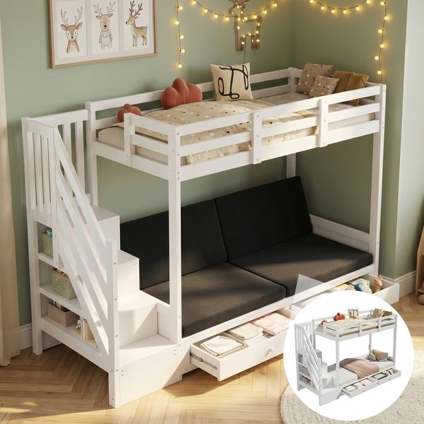 Kinder-Etagenbett, Doppelbett, multifunktionales Kinderbett,Mit Treppenschrank und 2 Schubladen, ohne Matratze, Die untere Ebene als Bett oder Sofa genutzt und enthält Kissen , weiß, 90*200