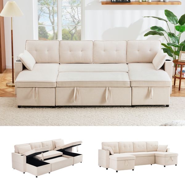 Merax Schlafsofa mit Schlaffunktion, U-förmiges Sofa, Polstersofa, Baumwoll- und Leinenstoffe, mit Getränkehalter, zwei Stauräume, Beige