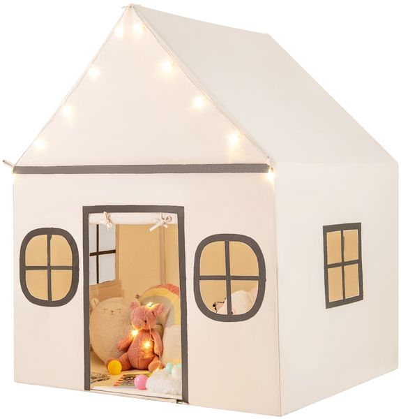 Spielhaus Kinder Indoor Kinderzelt mit Sternlichter & Gepolsterte Matte Beige + Schwarz